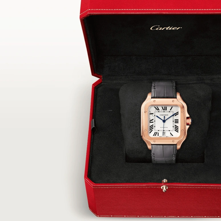 Cartier,Santos de Cartier 39.80x47.50mm,39.80x47.50mm,Rose Gold,Silver,Automatic,Day,42hours,WGSA0019