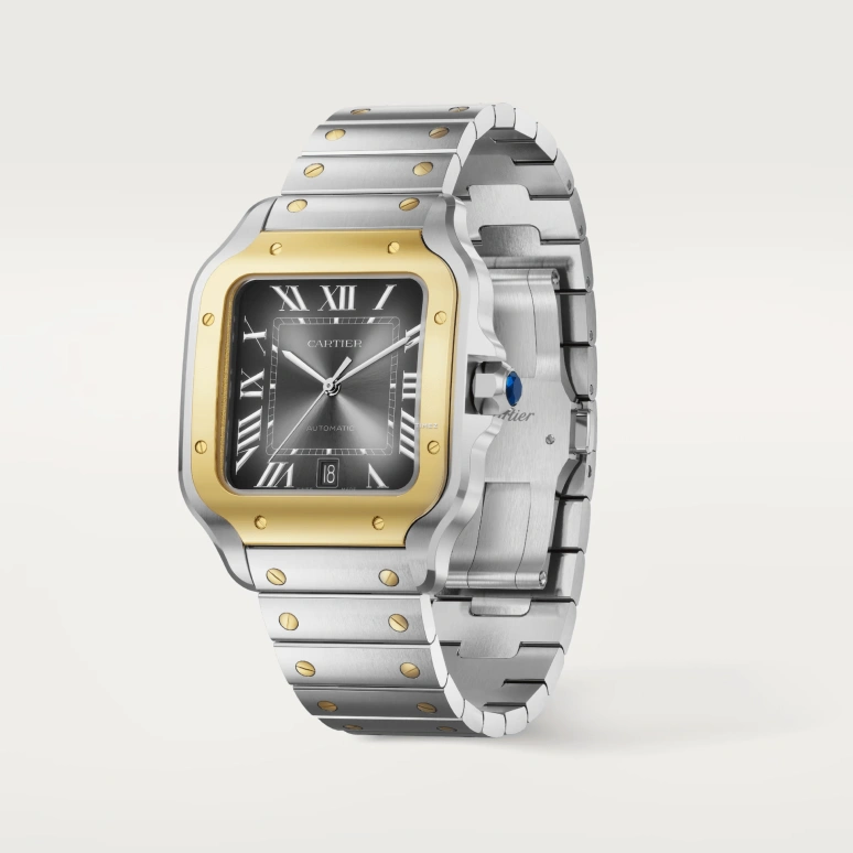 Cartier,Santos de Cartier 39.80mm,39.80mm,Stainless Steel,Smoky Coal,Gradient,Automatic,Day,Sapphire,Crystal Glass,W2SA0030