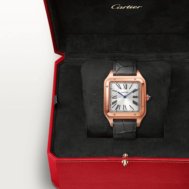 Cartier,Santos de Cartier 46.60x33.90mm,46.60x33.90mm,Rose Gold,Silver,Handwound,36hours,In-house Caliber,WGSA0032