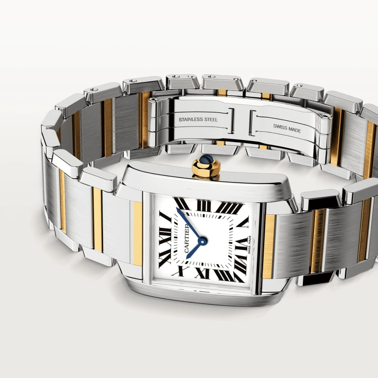 Cartier,Tank 30x25mm,30x25mm,Stainless Steel,Yellow Gold,Silver,Quartz,In-house Caliber,Sapphire,Crystal Glass,W2TA0003