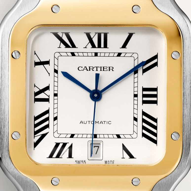Cartier,Santos de Cartier 39.80mm,39.80mm,Stainless Steel,Yellow Gold,Silver,Automatic,Day,42hours,W2SA0009