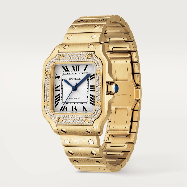 Cartier,Santos de Cartier 35.10x41.90mm,35.10x41.90mm,Yellow Gold,Silver,Automatic,42hours,In-house Caliber,WJSA0010