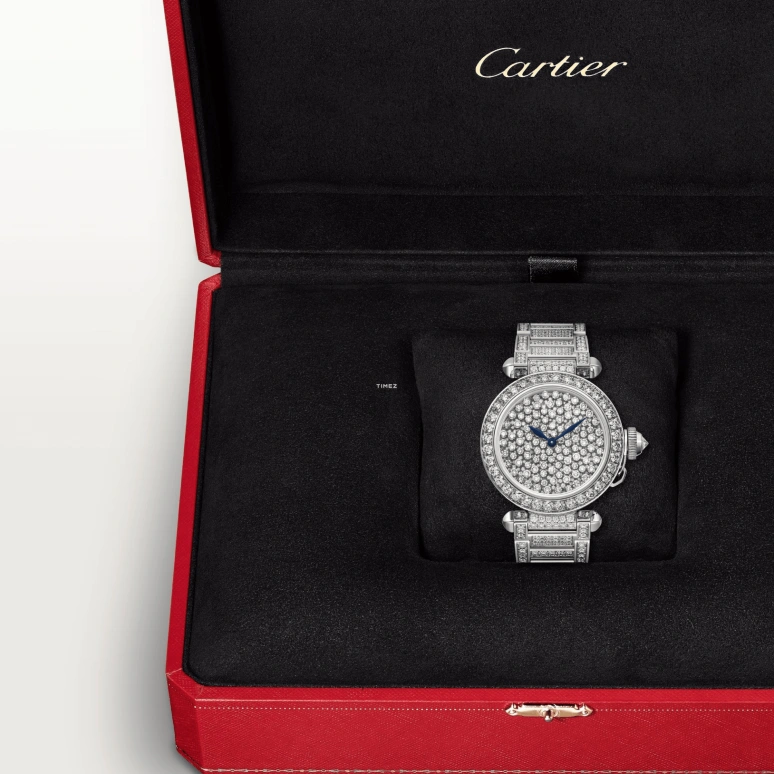 Cartier,Pasha de Cartier 35mm,35mm,White Gold,Silver,Automatic,Sapphire,Crystal Glass,Round,HPI01392