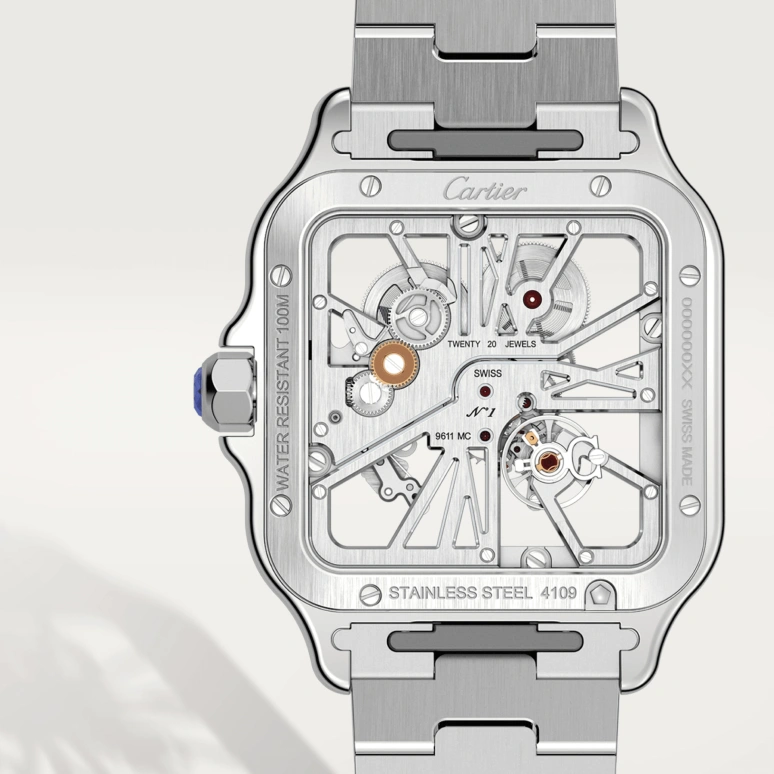 Cartier,Santos de Cartier 39.80mm,39.80mm,Stainless Steel,Skeleton,Automatic,Sapphire,Crystal Glass,Square,WHSA0014