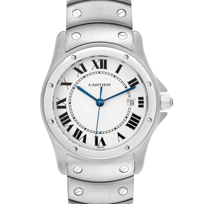Cartier,Santos de Cartier 33mm,33mm,Stainless Steel,Silver,Quartz,Day,Sapphire,Crystal Glass,W20027K1