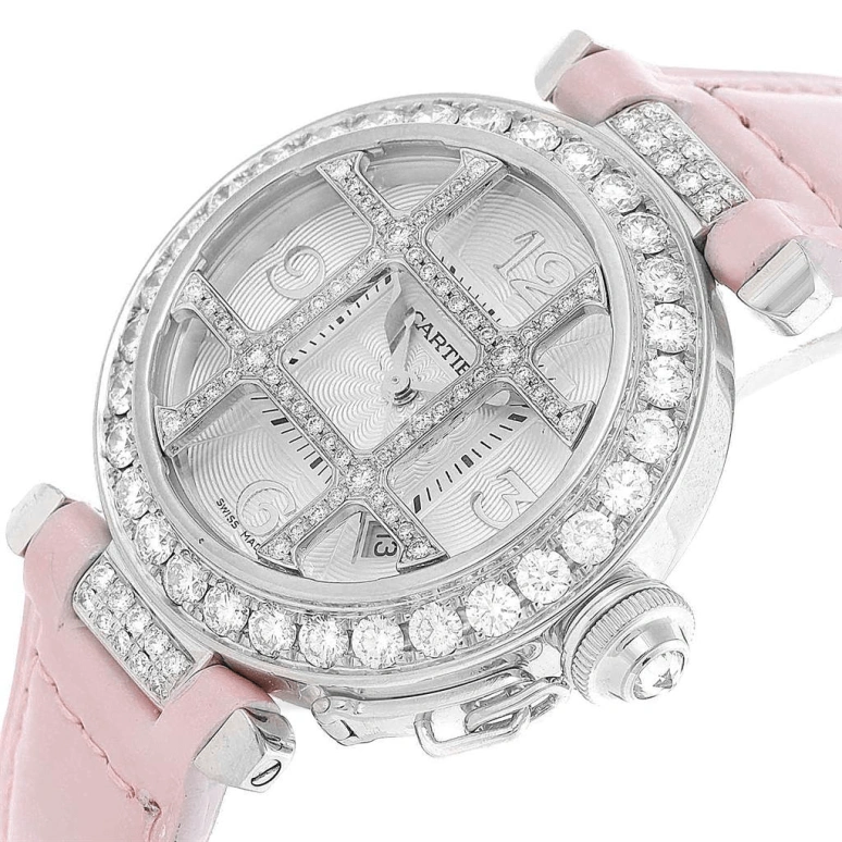 Cartier,Pasha de Cartier 32mm,32mm,White Gold,Silver,Automatic,Day,Sapphire,Crystal Glass,WJ116136