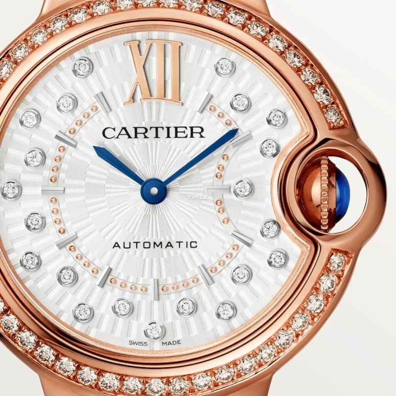 Cartier,Ballon Bleu de Cartier 33mm,33mm,Rose Gold,Silver,Automatic,Sapphire,Crystal Glass,Round,WJBB0084