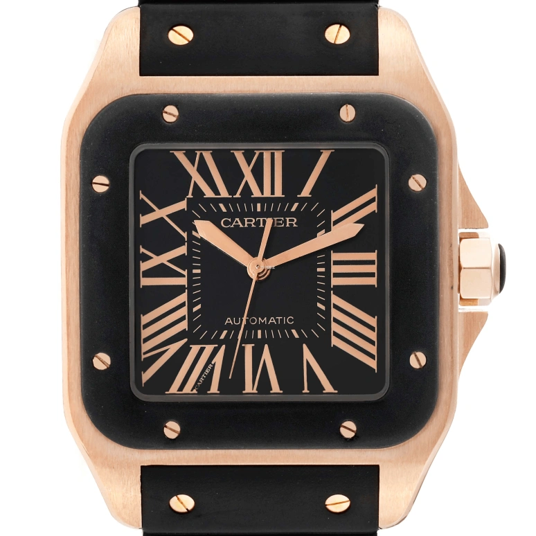 Cartier,Santos de Cartier 51.10x41.30mm,51.10x41.30mm,Rose Gold,Rubber,Black,Automatic,In-house Caliber,Sapphire,Crystal Glass,W20124U2