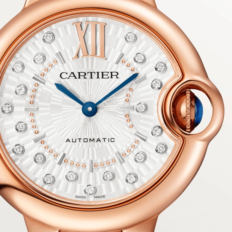 Cartier,Ballon Bleu de Cartier 33mm,33mm,Rose Gold,Silver,Automatic,Sapphire,Crystal Glass,Round,WGBB0054