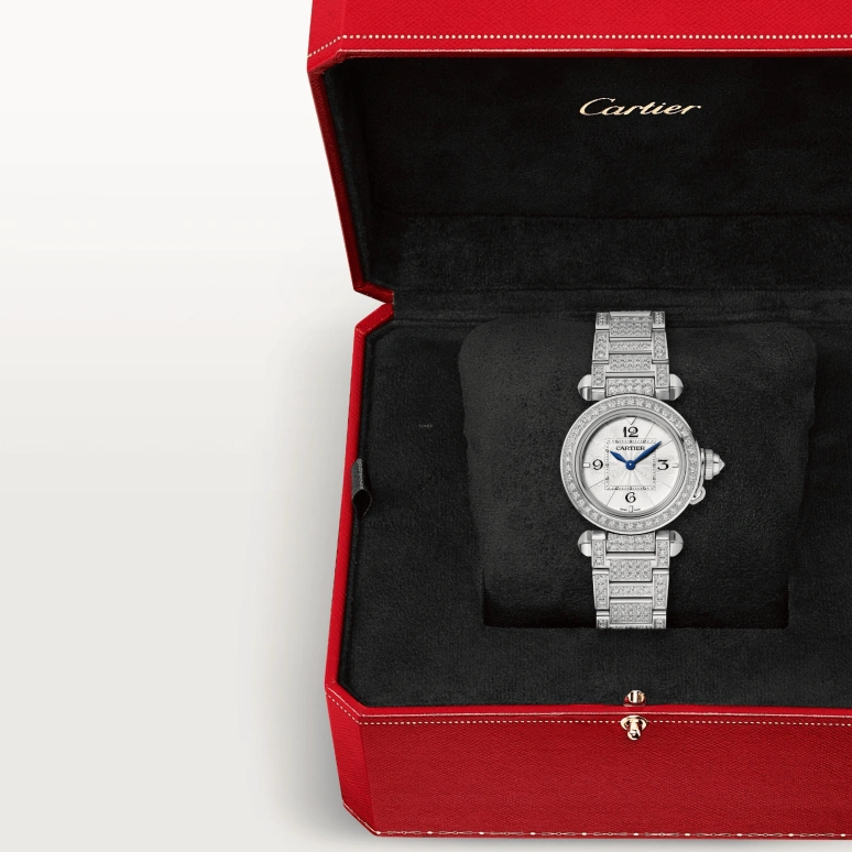Cartier,Pasha de Cartier 30mm,30mm,White Gold,Silver,Quartz,Sapphire,Crystal Glass,Round,WJPA0019