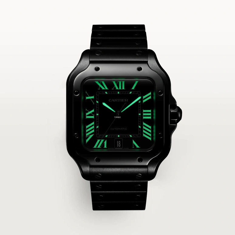 Cartier,Santos de Cartier 39.80mm,39.80mm,Stainless Steel,Black,Automatic,42hours,In-house Caliber,WSSA0096