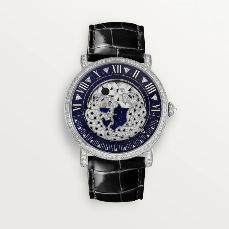 Cartier,Panthère de Cartier 40mm,40mm,White Gold,Blue,Silver,Handwound,Retrograde,Day / Night Indication,HPI01518