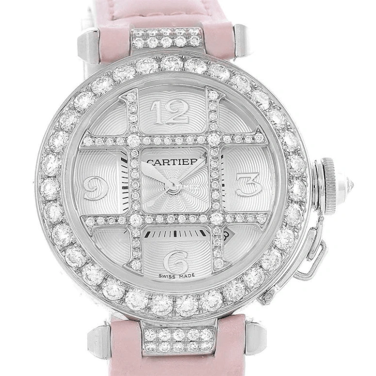 Cartier,Pasha de Cartier 32mm,32mm,White Gold,Silver,Automatic,Day,Sapphire,Crystal Glass,WJ116136