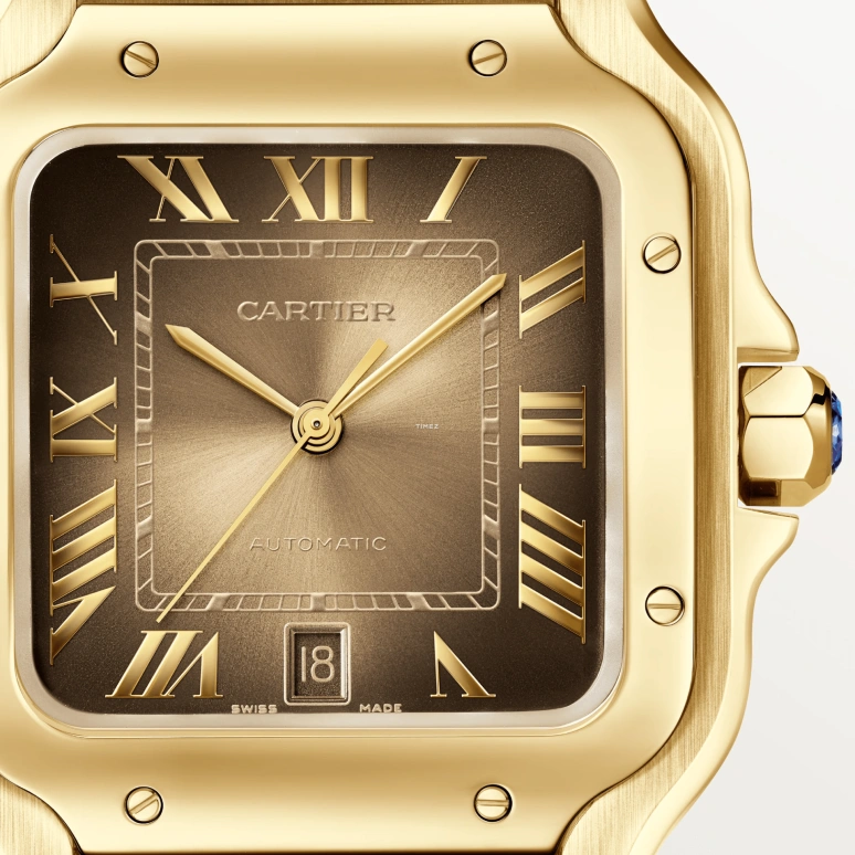 Cartier,Santos de Cartier 39.80mm,39.80mm,Yellow Gold,Brown,Gradient,Automatic,Day,Sapphire,Crystal Glass,WGSA0095
