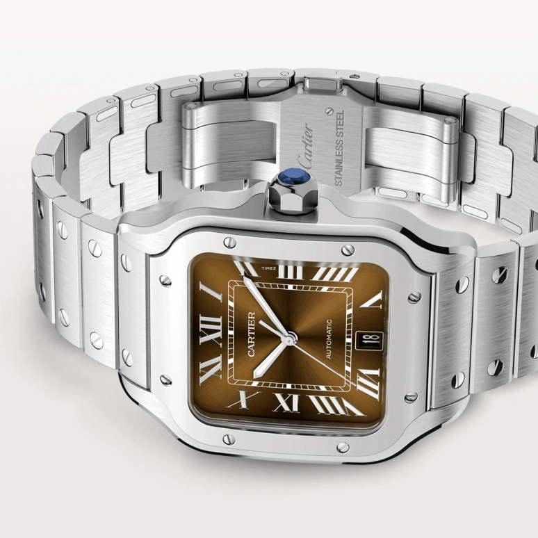Cartier,Santos de Cartier 35.10mm,35.10mm,Stainless Steel,Brown,Gradient,Automatic,Day,Sapphire,Crystal Glass,WSSA0065