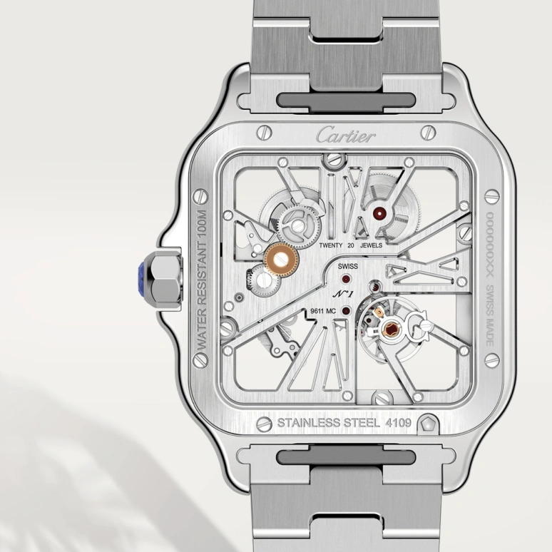 Cartier,Santos de Cartier 39.80mm,39.80mm,Stainless Steel,Silver,Handwound,72hours,In-house Caliber,WHSA0015