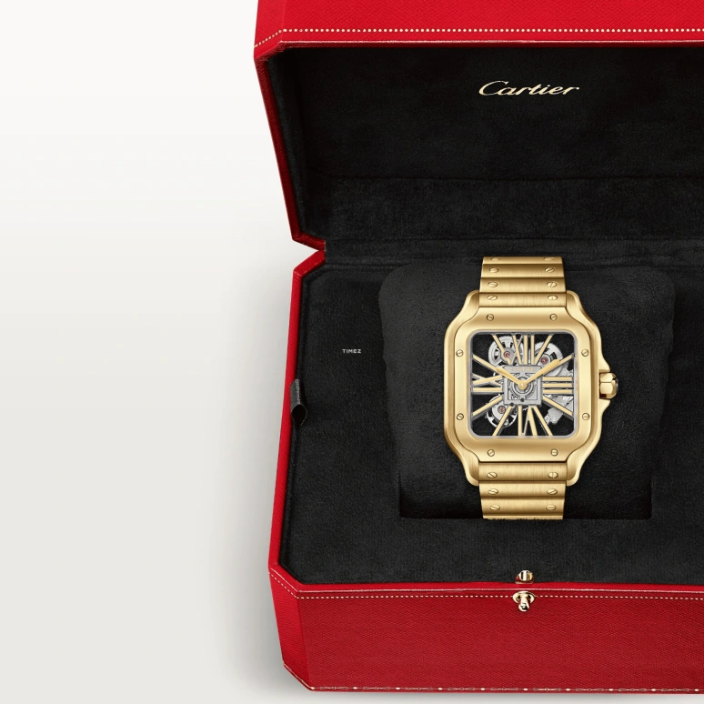 Cartier,Santos de Cartier 39.70mm,39.70mm,Yellow Gold,Skeleton,Handwound,Sapphire,Crystal Glass,Square,WHSA0042