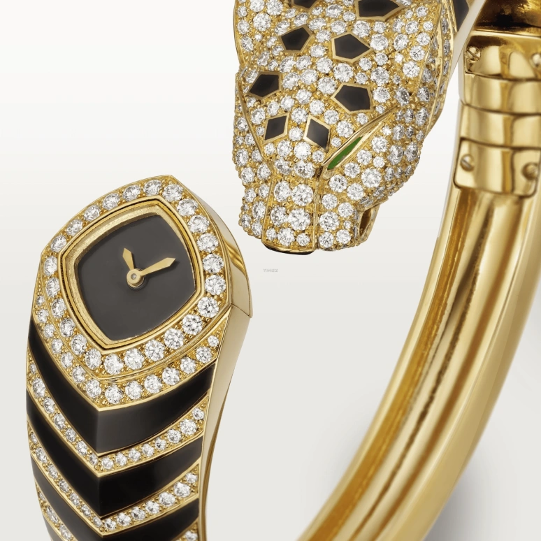 Cartier,Panthère de Cartier 18mm,18mm,Yellow Gold,Black,Quartz,Sapphire,Crystal Glass,Setting,Diamonds,HPI01369