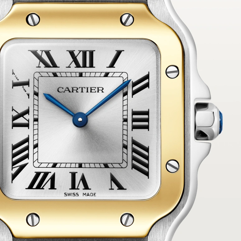 Cartier,Santos de Cartier 34.50x27mm,34.50x27mm,Stainless Steel,Yellow Gold,Silver,Quartz,Sapphire,Crystal Glass,Square,W2SA0033