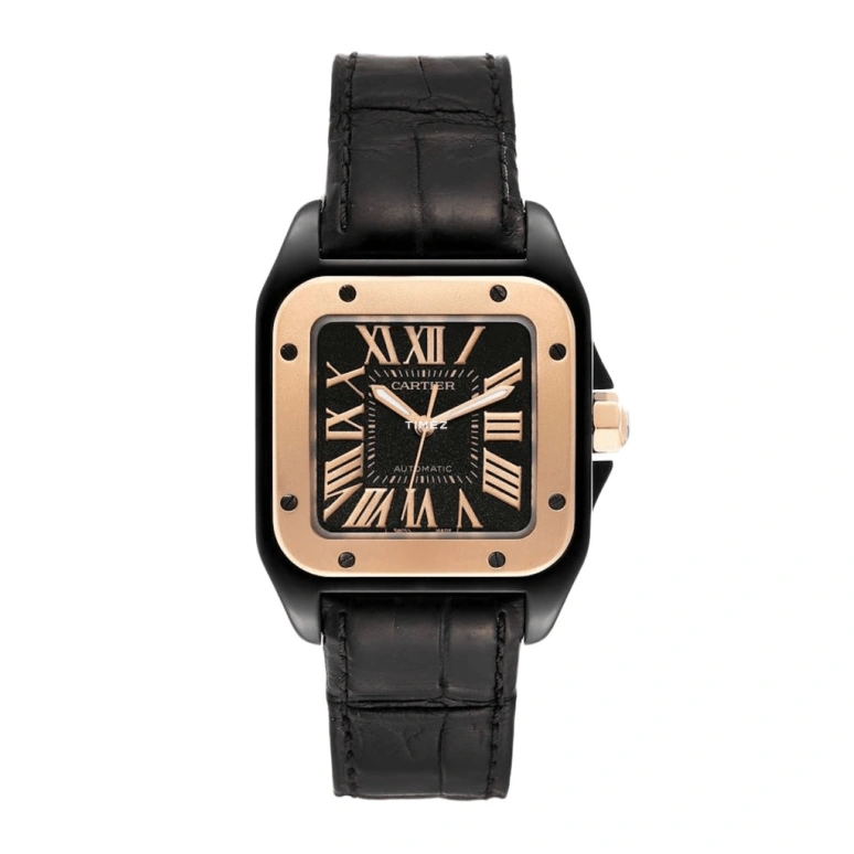Cartier,Santos de Cartier 38mm,38mm,Rose Gold,Stainless Steel,Black,Automatic,42hours,In-house Caliber,W2020009