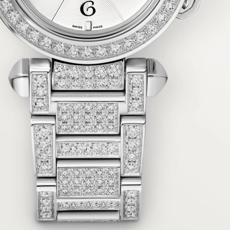 Cartier,Pasha de Cartier 30mm,30mm,White Gold,Silver,Quartz,Sapphire,Crystal Glass,Round,WJPA0019