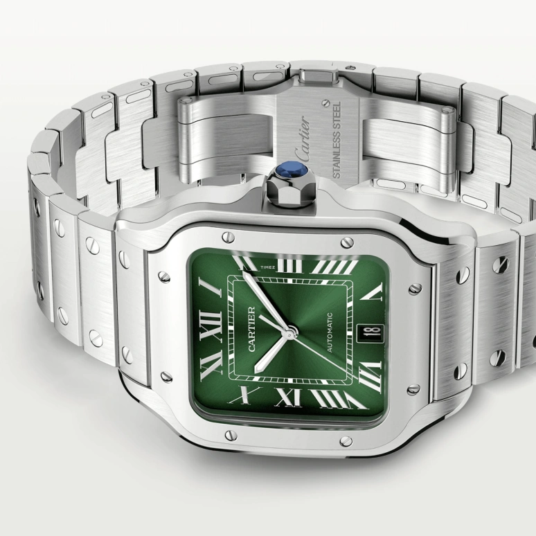 Cartier,Santos de Cartier 39.80mm,39.80mm,Stainless Steel,Gradient,Green,Automatic,Day,Sapphire,Crystal Glass,WSSA0062