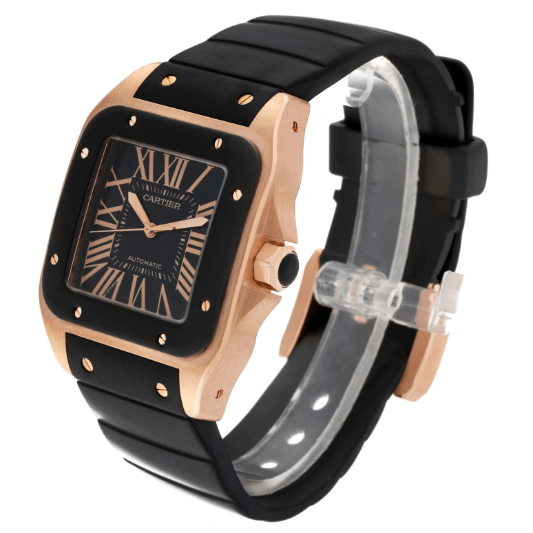 Cartier,Santos de Cartier 51.10x41.30mm,51.10x41.30mm,Rose Gold,Rubber,Black,Automatic,In-house Caliber,Sapphire,Crystal Glass,W20124U2