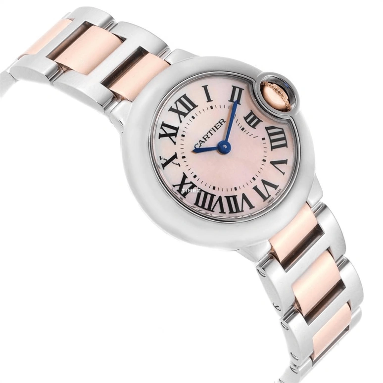 Cartier,Ballon Bleu de Cartier 28.60mm,28.60mm,Stainless Steel,Rose Gold,Pink,Quartz,In-house Caliber,Sapphire,Crystal Glass,W6920034