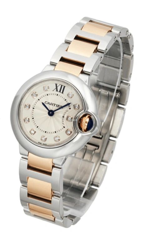 Cartier,Ballon Bleu de Cartier 28.60mm,28.60mm,Stainless Steel,Rose Gold,Silver,Quartz,In-house Caliber,Sapphire,Crystal Glass,WE902030