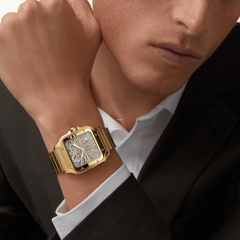 Cartier,Santos de Cartier 39.70mm,39.70mm,Yellow Gold,Skeleton,Handwound,Sapphire,Crystal Glass,Square,WHSA0042