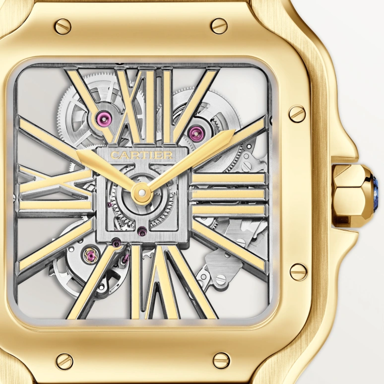 Cartier,Santos de Cartier 39.70mm,39.70mm,Yellow Gold,Skeleton,Handwound,Sapphire,Crystal Glass,Square,WHSA0042