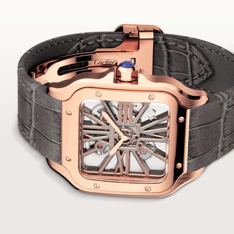 Cartier,Santos de Cartier 39.80mm,39.80mm,Rose Gold,Grey,Rose Gold,Handwound,72hours,In-house Caliber,WHSA0018
