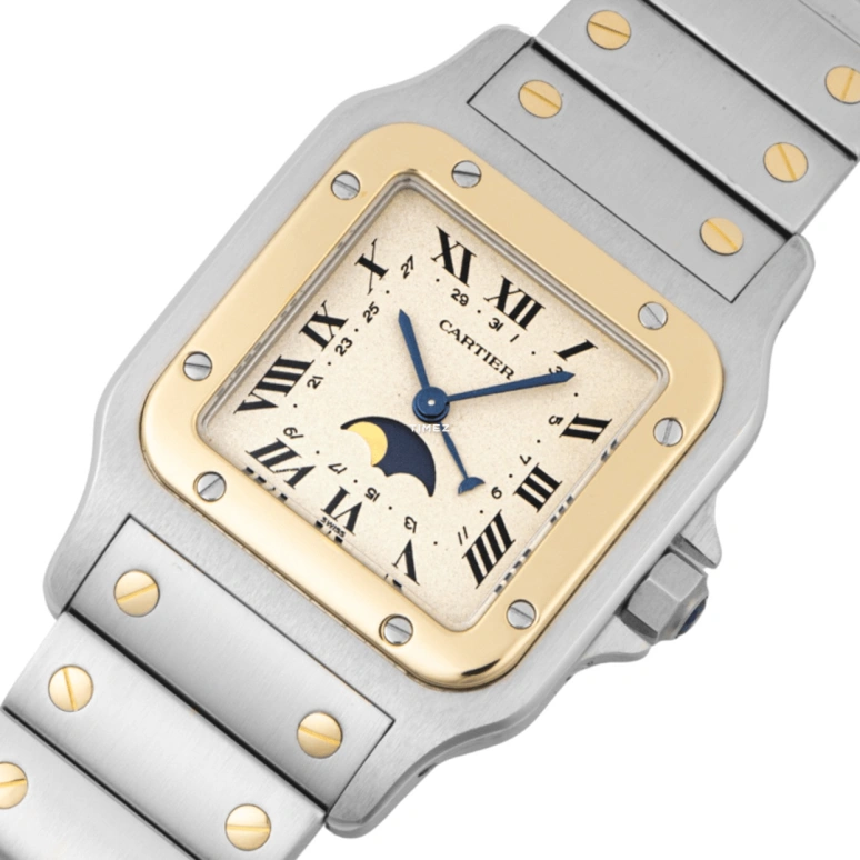Cartier,Santos de Cartier 29mm,29mm,Stainless Steel,Champagne,Quartz,Moonphase,Day,W20007C4