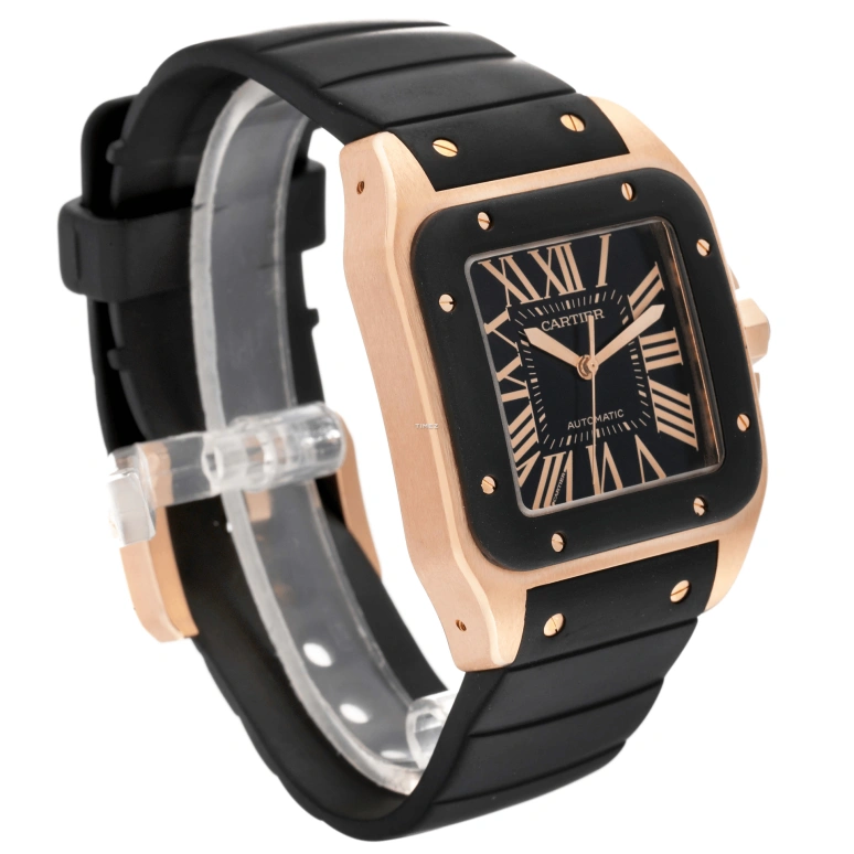 Cartier,Santos de Cartier 51.10x41.30mm,51.10x41.30mm,Rose Gold,Rubber,Black,Automatic,In-house Caliber,Sapphire,Crystal Glass,W20124U2