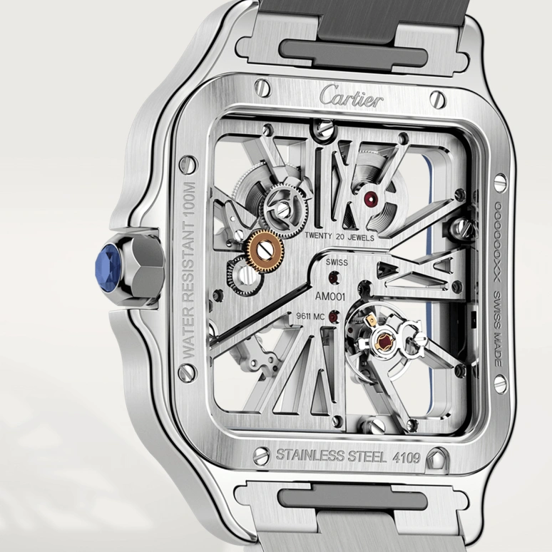 Cartier,Santos de Cartier 39.80mm,39.80mm,Stainless Steel,Silver,Blue,Handwound,Sapphire,Crystal Glass,Square,WHSA0026