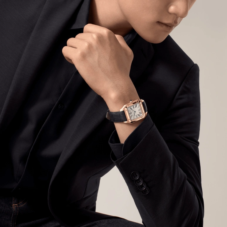 Cartier,Santos de Cartier 46.60x33.90mm,46.60x33.90mm,Rose Gold,Silver,Handwound,36hours,In-house Caliber,WGSA0032