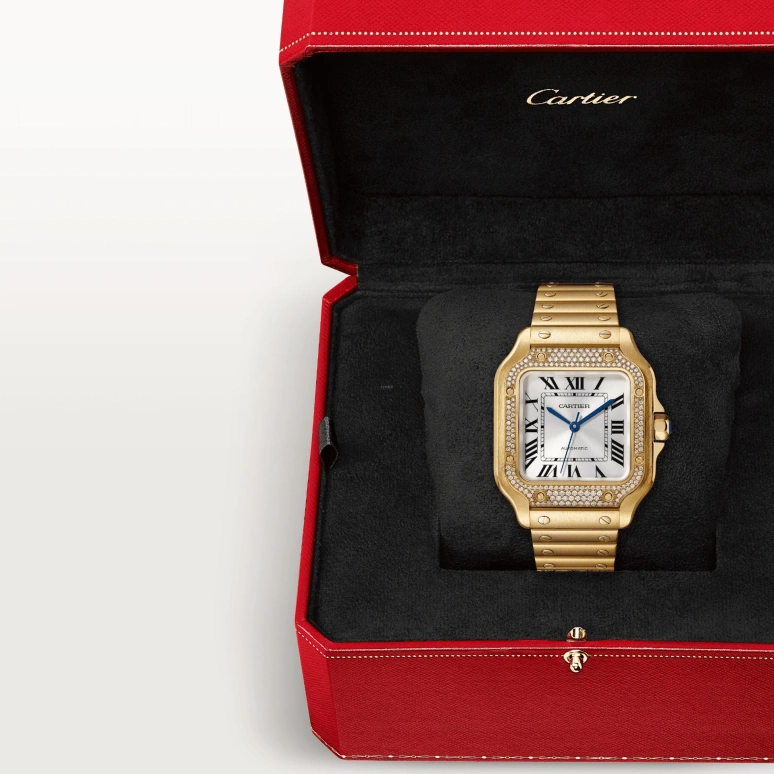 Cartier,Santos de Cartier 35.10x41.90mm,35.10x41.90mm,Yellow Gold,Silver,Automatic,42hours,In-house Caliber,WJSA0010