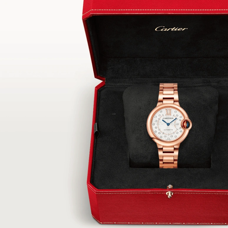 Cartier,Ballon Bleu de Cartier 33mm,33mm,Rose Gold,Silver,Automatic,Sapphire,Crystal Glass,Round,WGBB0054