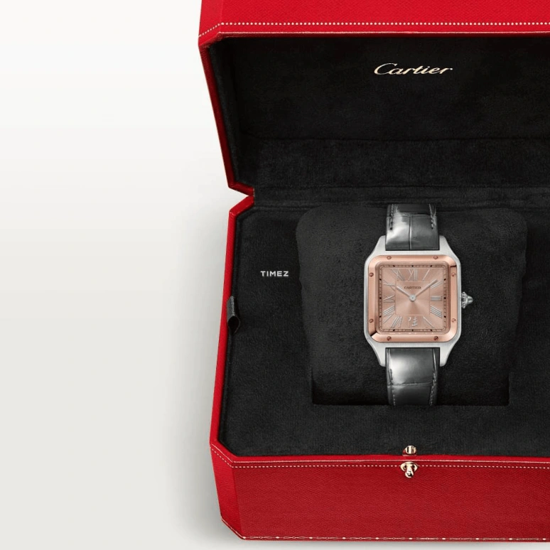 Cartier,Santos de Cartier 43.50x31.40mm,43.50x31.40mm,Stainless Steel,Rose Gold,Rose Gold,Handwound,Sapphire,Crystal Glass,Square,W2SA0027
