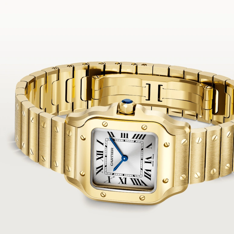 Cartier,Santos de Cartier 27x34.50mm,27x34.50mm,Yellow Gold,Silver,Quartz,Sapphire,Crystal Glass,Square,WGSA0107