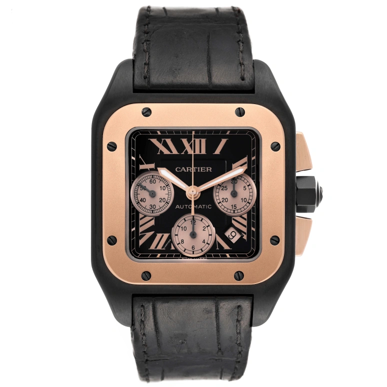Cartier,Santos de Cartier 46.65x41.65mm,46.65x41.65mm,Rose Gold,Stainless Steel,Titanium Gold,Black,Automatic,Chronograph,Day,W2020004