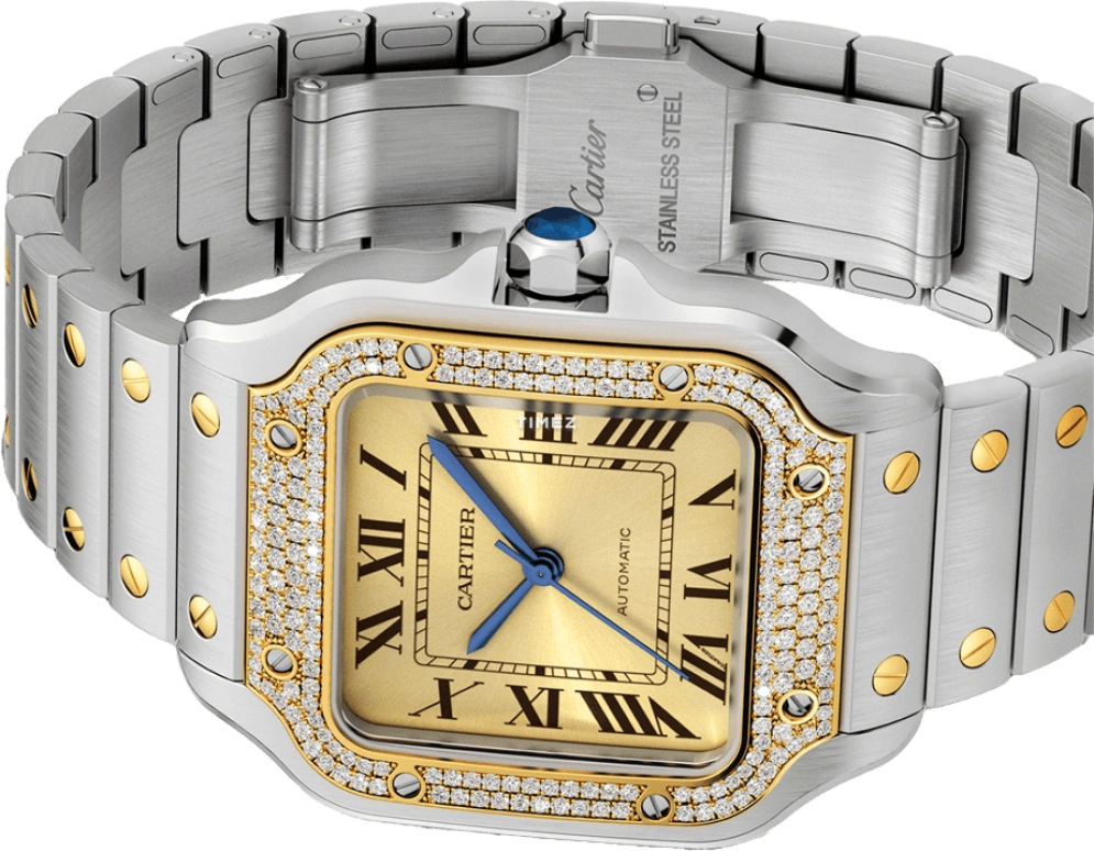 Cartier,Santos de Cartier 35.10mm,35.10mm,Stainless Steel,Gold,Automatic,Sapphire,Crystal Glass,Square,W3SA0007