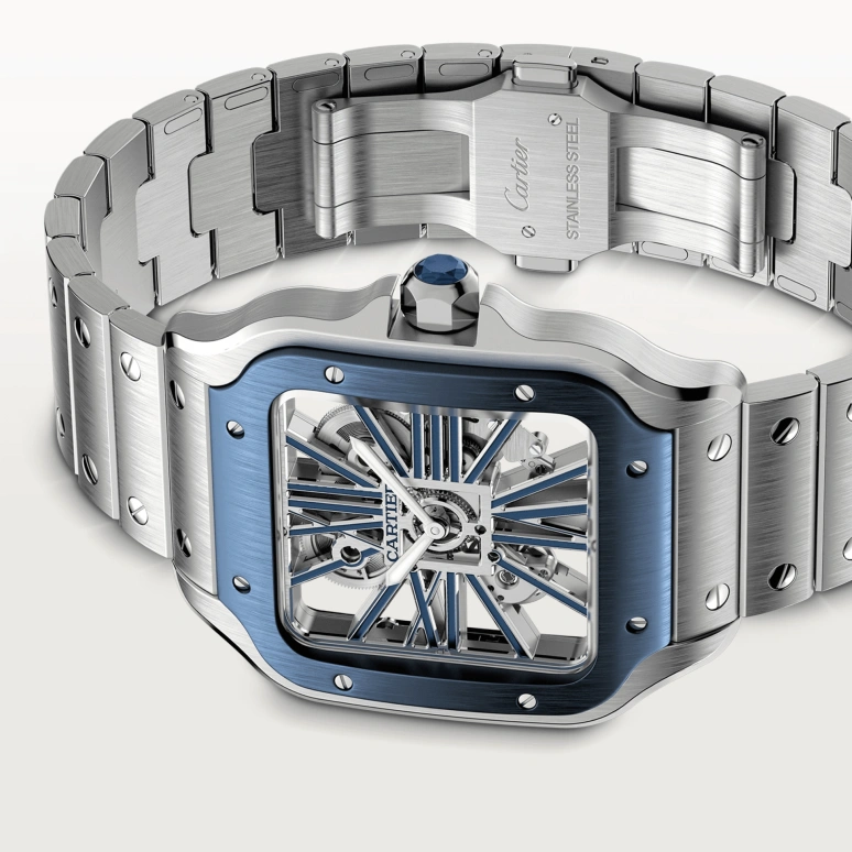 Cartier,Santos de Cartier 39.80mm,39.80mm,Stainless Steel,Silver,Blue,Handwound,Sapphire,Crystal Glass,Square,WHSA0026