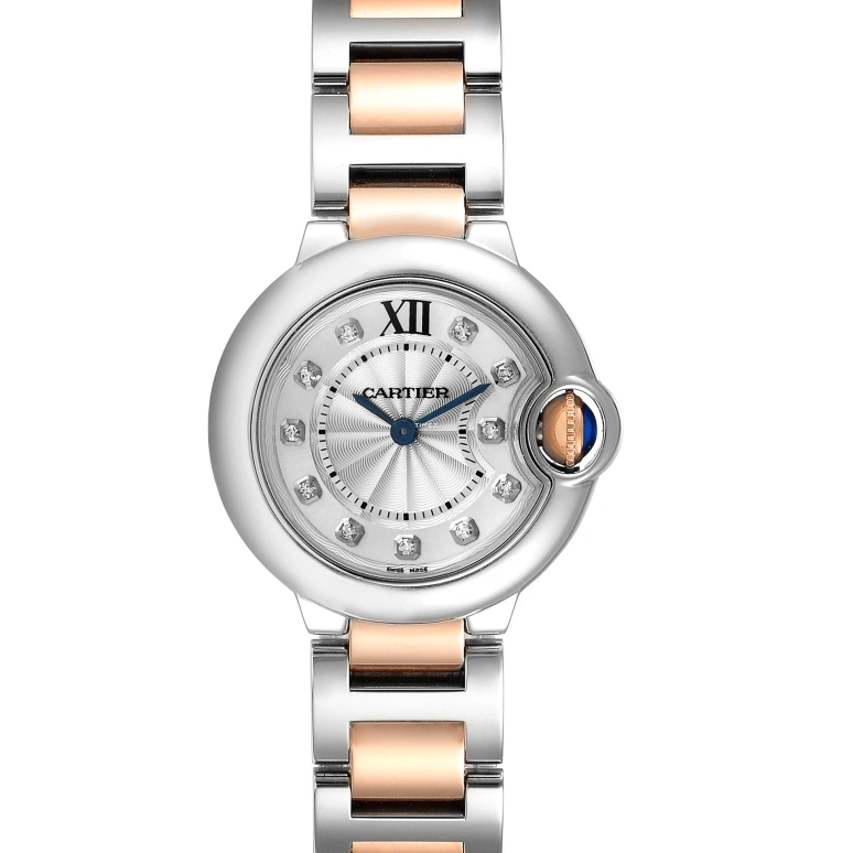 Cartier,Ballon Bleu de Cartier 28.60mm,28.60mm,Stainless Steel,Rose Gold,Silver,Quartz,In-house Caliber,Sapphire,Crystal Glass,WE902030