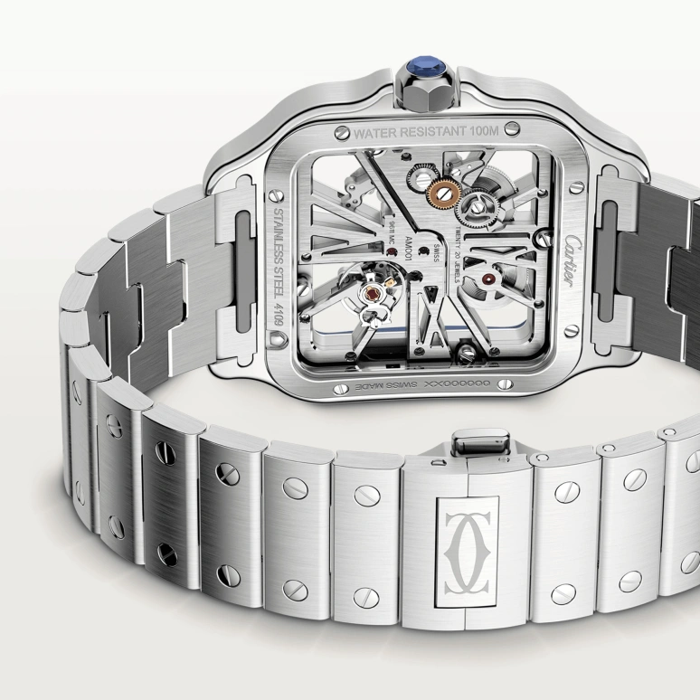Cartier,Santos de Cartier 39.80mm,39.80mm,Stainless Steel,Silver,Blue,Handwound,Sapphire,Crystal Glass,Square,WHSA0026