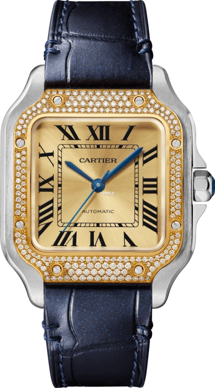 Cartier,Santos de Cartier 35.10mm,35.10mm,Stainless Steel,Gold,Automatic,Sapphire,Crystal Glass,Square,W3SA0007