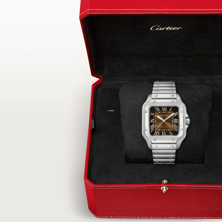 Cartier,Santos de Cartier 39.80mm,39.80mm,Stainless Steel,Brown,Gradient,Automatic,Sapphire,Crystal Glass,Square,WSSA0064
