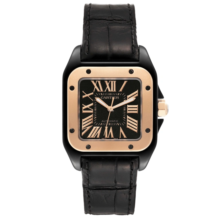 Cartier,Santos de Cartier 38mm,38mm,Rose Gold,Stainless Steel,Black,Automatic,42hours,In-house Caliber,W2020009
