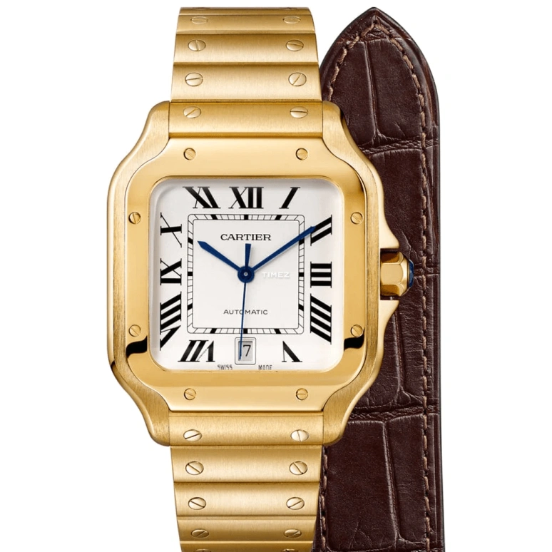 Cartier,Santos de Cartier 39.80mm,39.80mm,Yellow Gold,Silver,Automatic,Day,42hours,WGSA0009