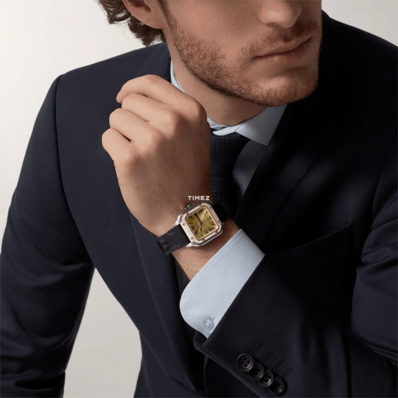 Cartier,Santos de Cartier 35.10mm,35.10mm,Stainless Steel,Gold,Automatic,Sapphire,Crystal Glass,Square,W3SA0007